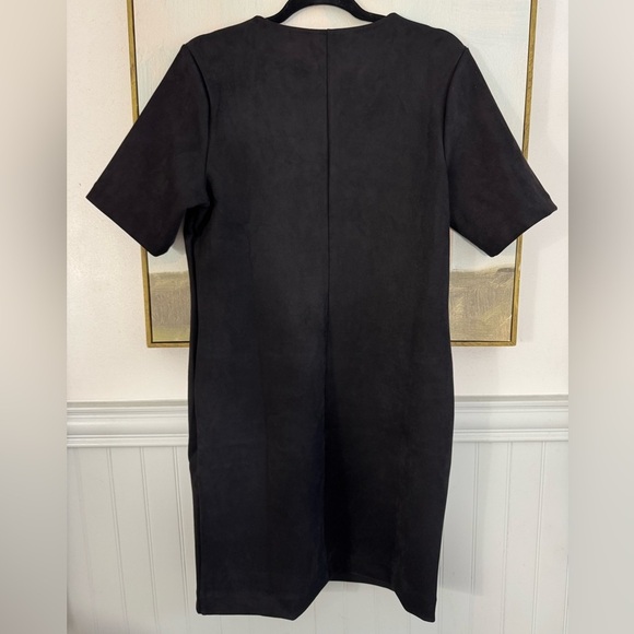 SPANX Black Faux Micro Suede Midi Column Dress Short Sleeve Size Medium - Picture 4 of 5